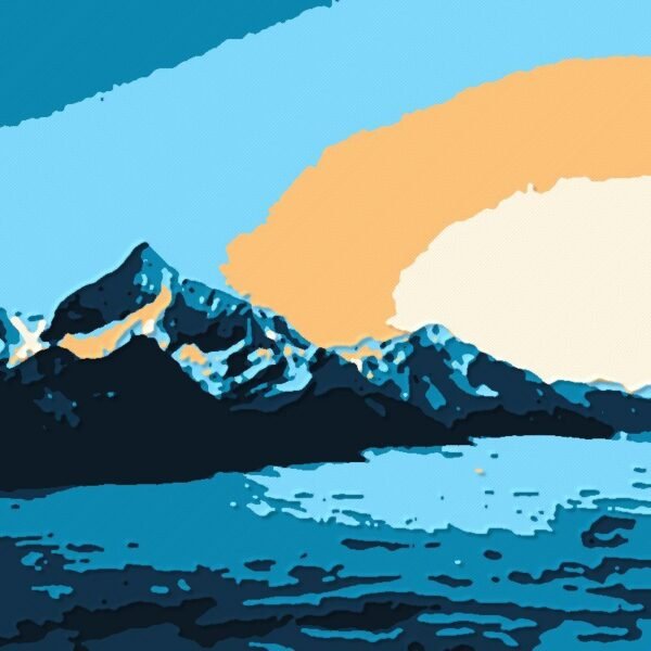 Layered print of mountains at sunset